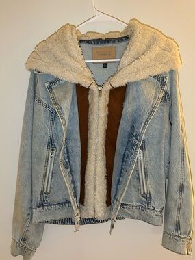 Blank NYC Light Blue Denim Jacket with Removable Cream Sherpa Hood